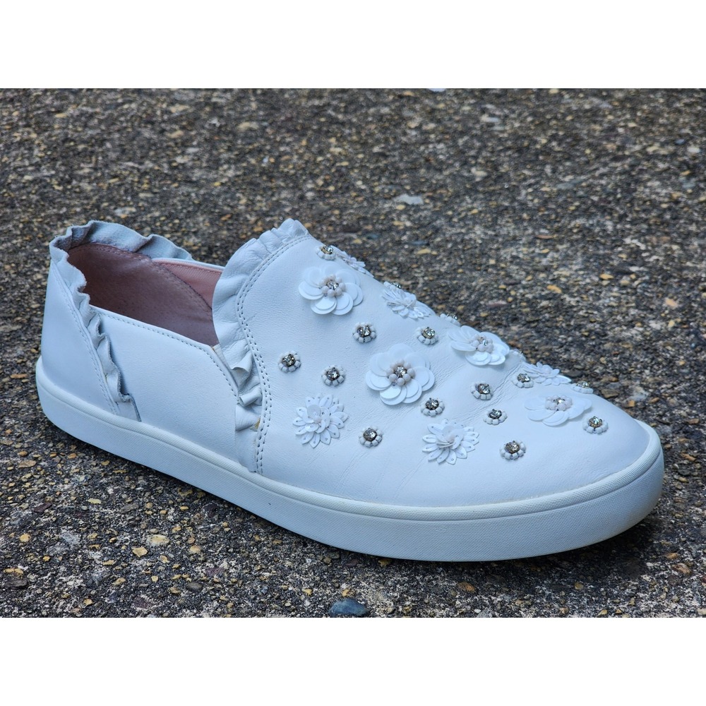 Kate Spade New York White Leather Floral Applique Rhinestone Slip On Sneakers 10 - Picture 3 of 7